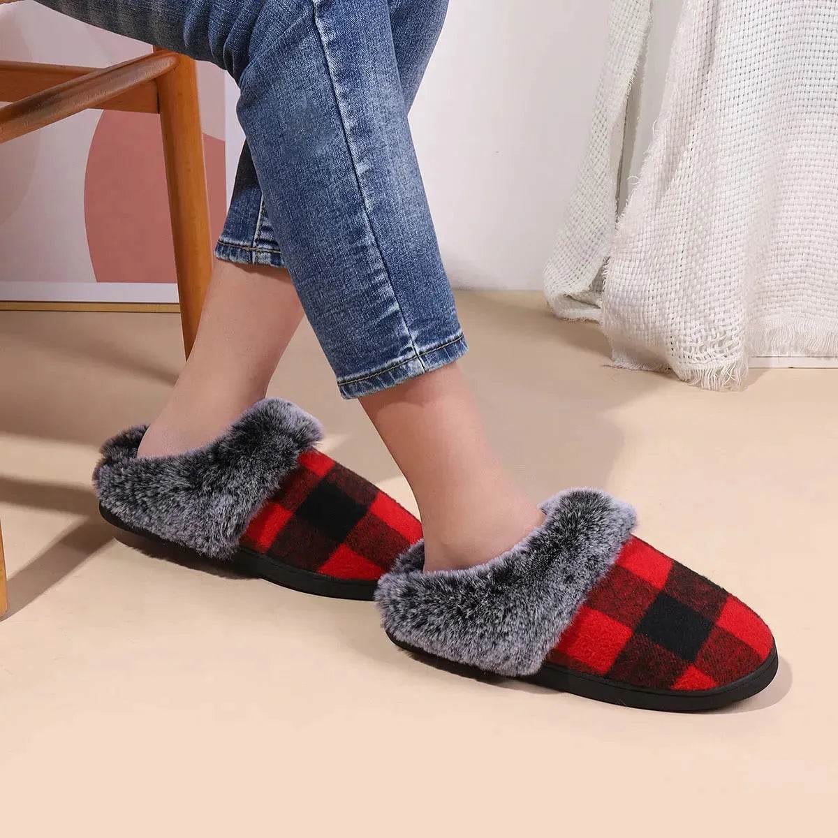 Winter Warm Plaid Plush Slippers Home Indoor Non-slip Bedroom Floor Soft Fuzzy Slipper For Couple Fashion Solid House Shoes - Velora