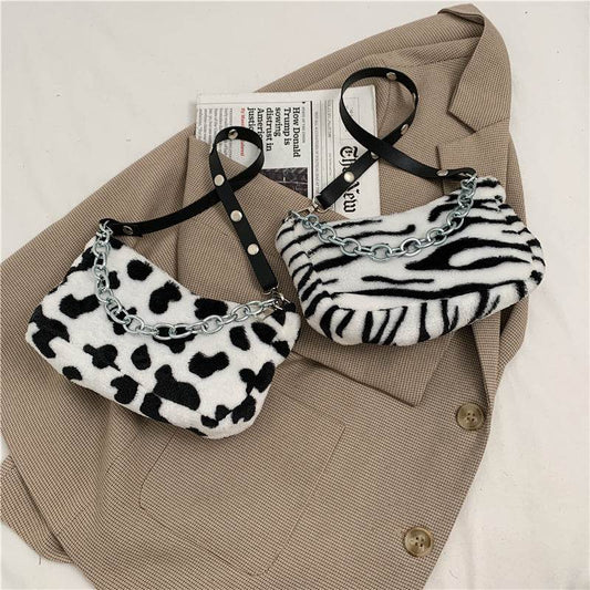 Leopard Pattern Plush Bag Personality Diagonal Women Bag Chain Shoulder Bag