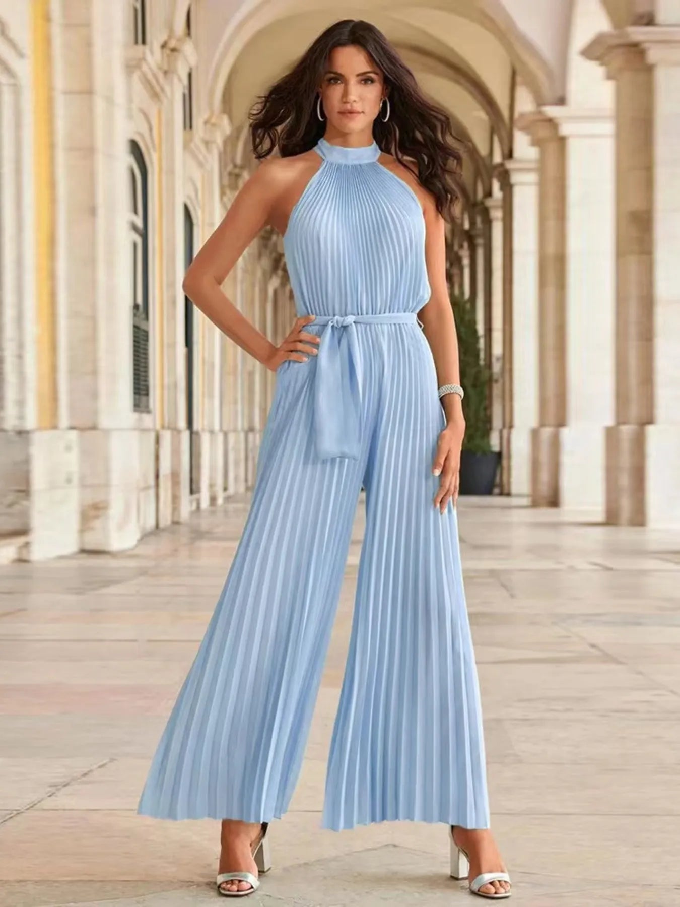 Pleated Sleeveless Wide Leg Jumpsuit - Velora