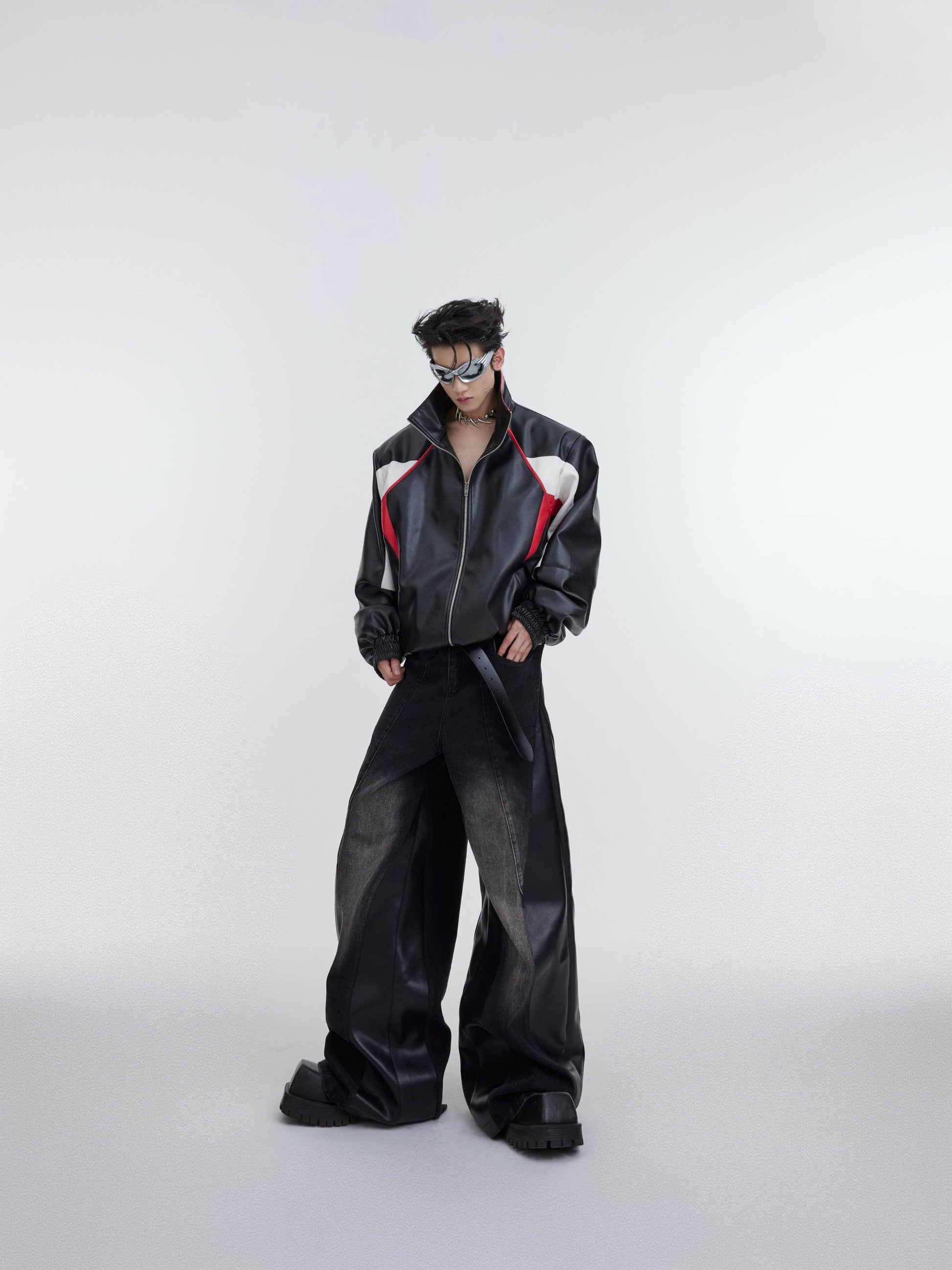 Retro Contrasting Color Patchwork Standing Collar PU Jacket - Velora