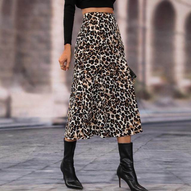 Women's A- Line Umbrella Skirt High Waist Leopard Print Midi sheath Skirt - Velora
