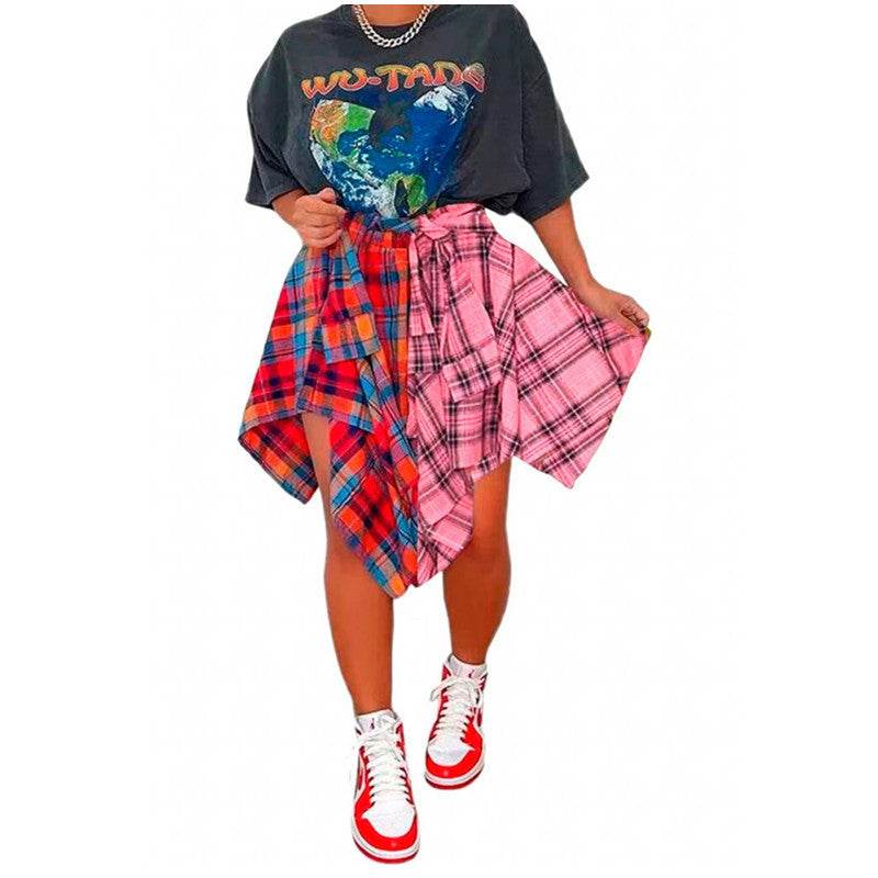 Elegant Irregular Lace-Up Check Midi Skirt street wear fashion Women's Plaid Skirts High Waisted Knot Front Asymmetrical Hem Mini Skater Skirt - Velora