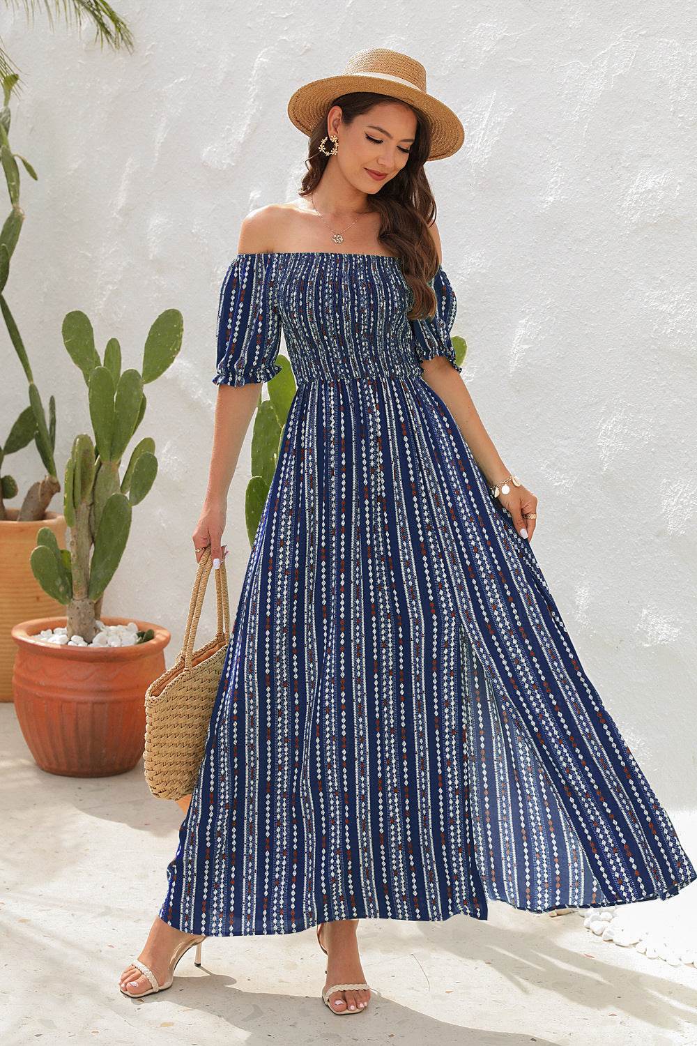 Elegant Off shoulder Spring Summer Maxi dress Slit Chiffon maxi dress for Beach vacation resort travel - Velora