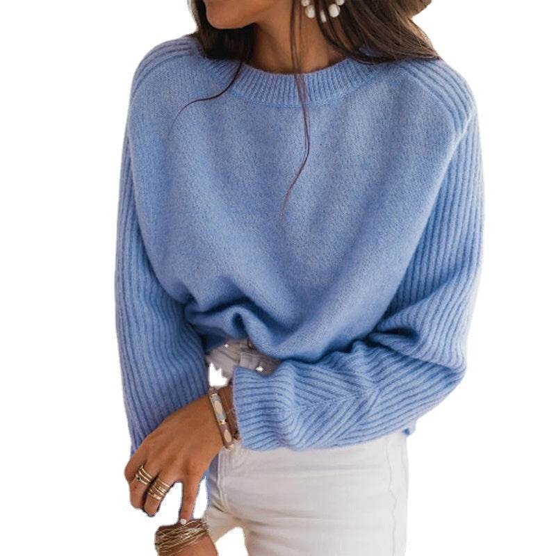 European Milk Blue Bedford Cord Sweater Women's Round-collar Long-sleeve Knitwear Casual Women's Clothing Fashion Knit Top Outerwear - Velora