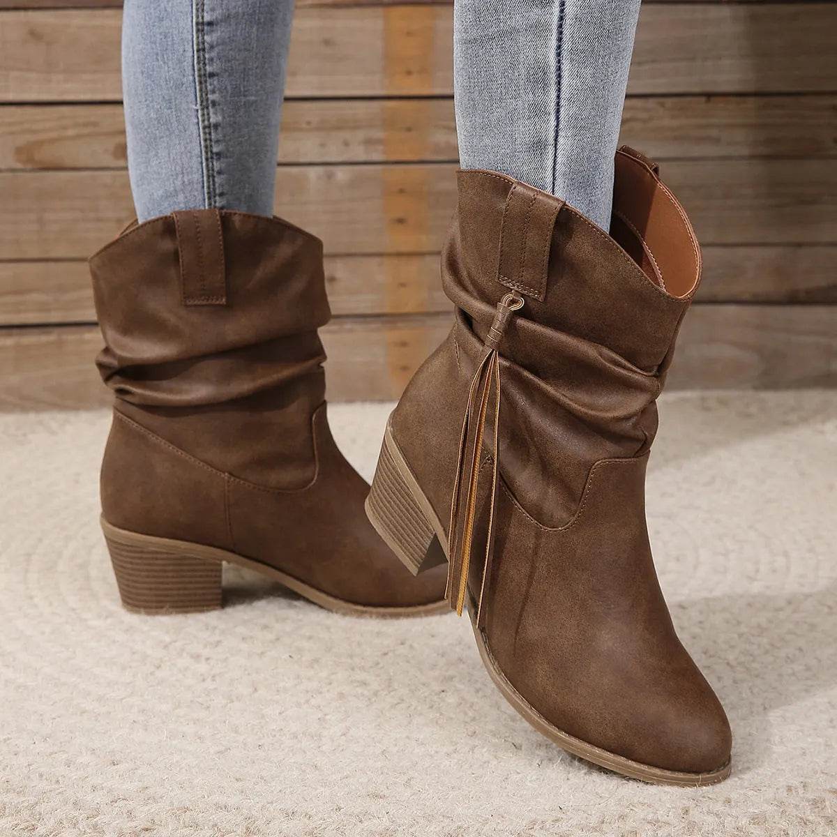 Retro Tassel Boots Winter Thick Square Heel Mid-calf Knight Western Boots Woman Fashion Shoes - Velora