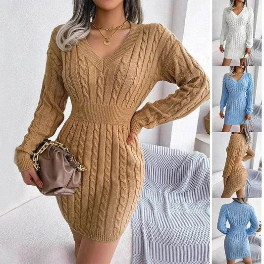 Solid Color V-Neck Long Sleeve Slim fit Winter Knit Mini sweater Dress Slim - Velora