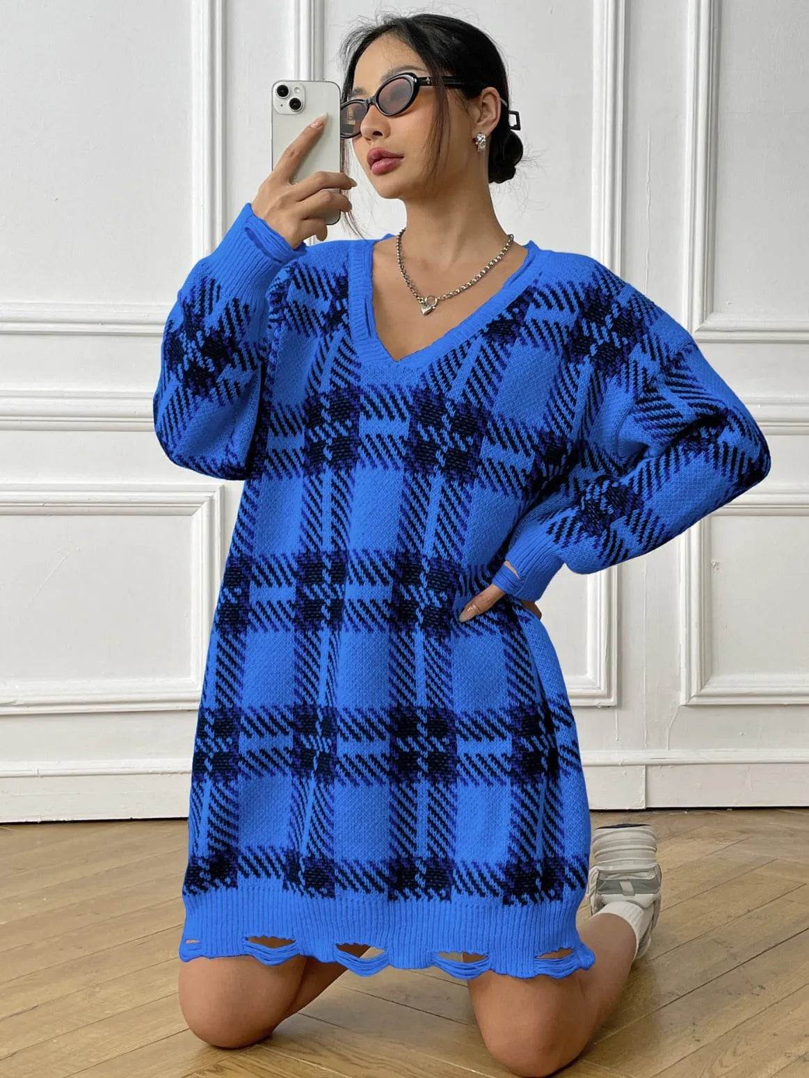 Deer Plush V-neck Long Sleeve Plaid Winter Jumper Mini dress - Velora