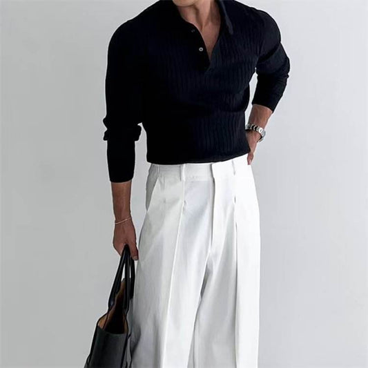 Lapel Button Long Sleeve Polo Shirt Slim Fashion Solid Striped Knitted Bottoming Shirt Top Men's Clothing - Velora