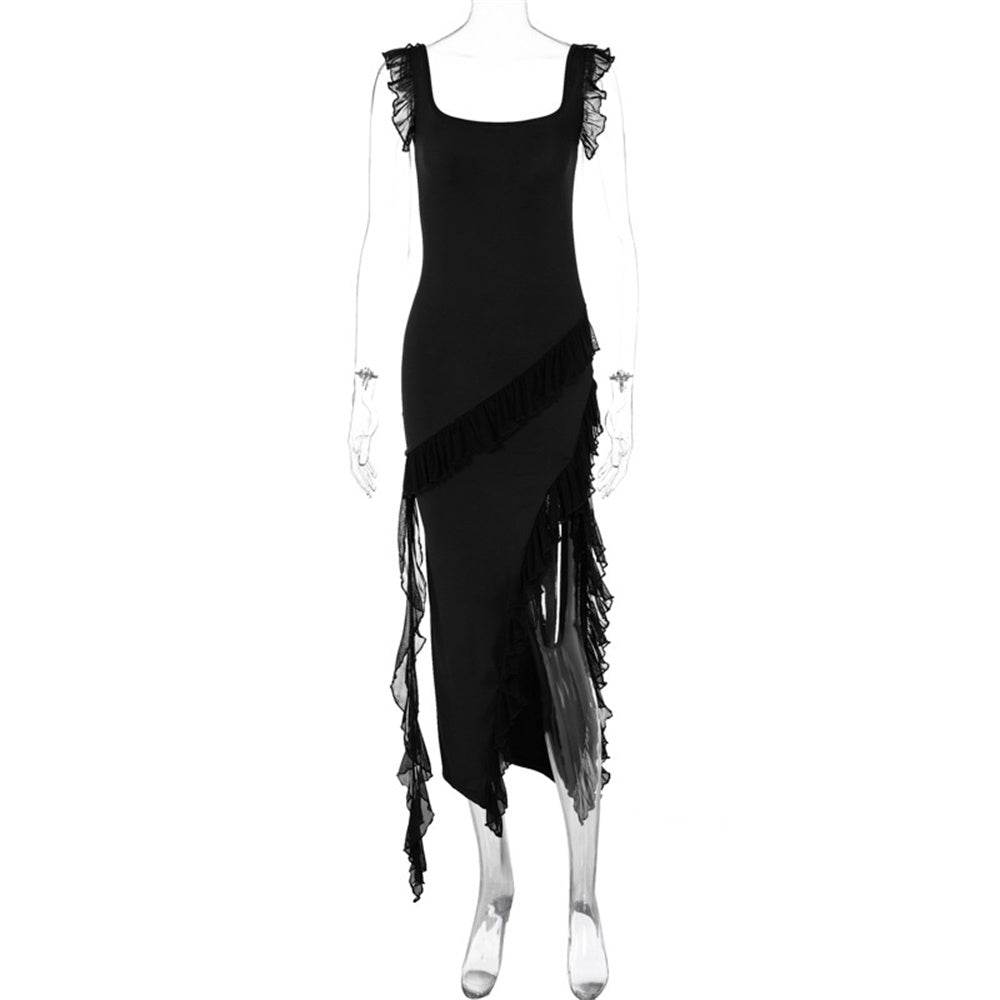 Ruffle Thigh High Split Dress Women Sexy Spaghetti Strap Square Neck Backless Suspender Dresses For Evening Praty Clothing - Velora