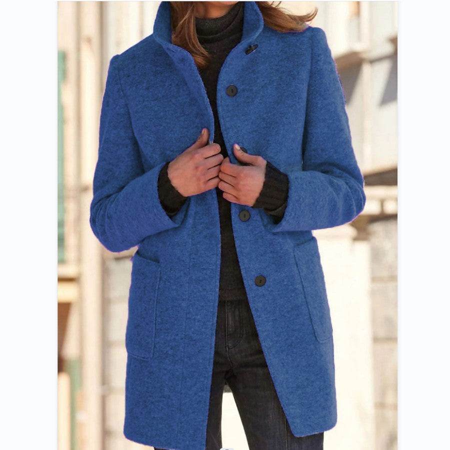 Fashion Stand Collar Woolen Coat With Pockets Fall Winter Casual Button Outwear For Women Clothing - Velora