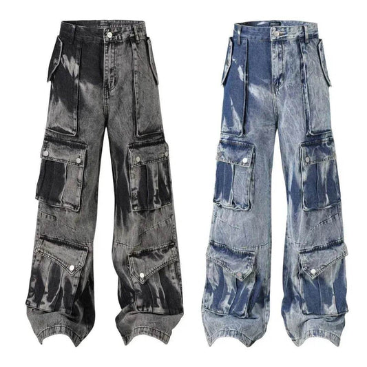 Street Retro Washed Distressed Tie-dye Multi-pocket Denim Trouser Unisex Baggy Cargo Denim Jeans Pants - Velora