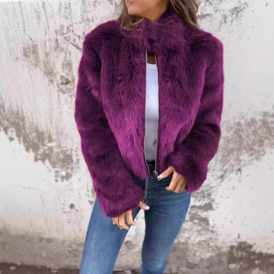 Fashion Stand Collar Plush Jacket Winter Casual Turtleneck Zipper Coat Fleece Tops Women's Clothing - Velora