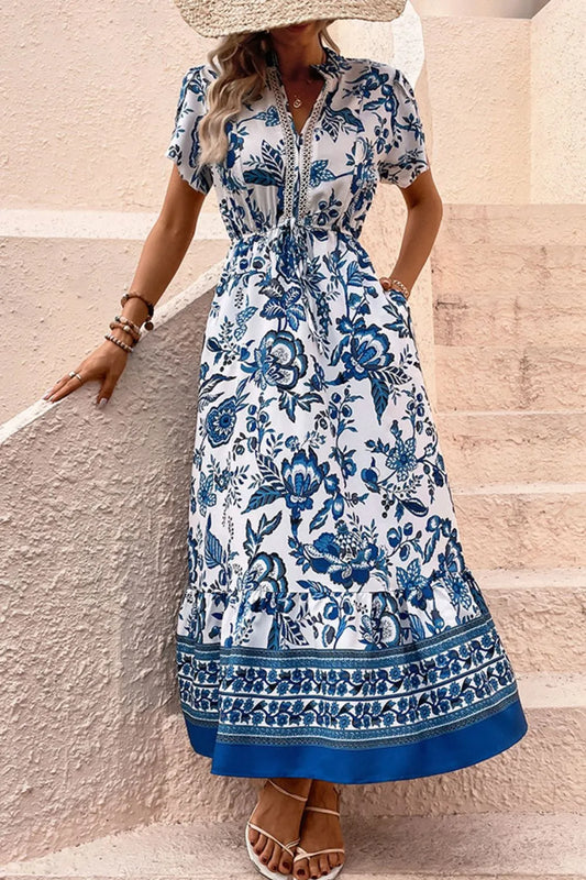 Printed Notched Short Sleeve Dress - Velora