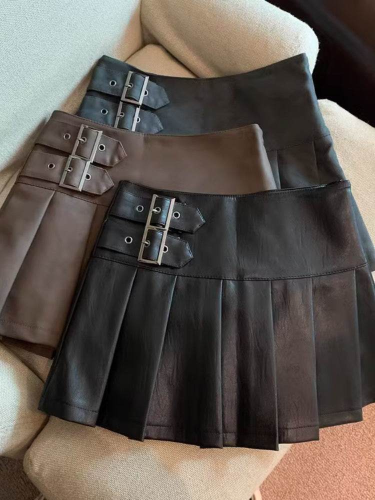 Women's American-style Vintage Mini Pleated Leather Skirt - Velora