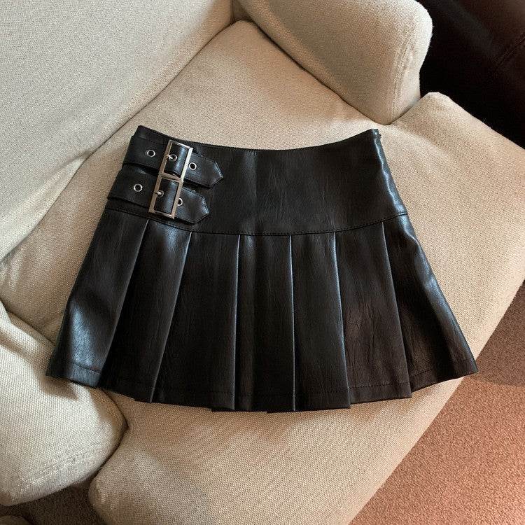 Women's American-style Vintage Mini Pleated Leather Skirt - Velora