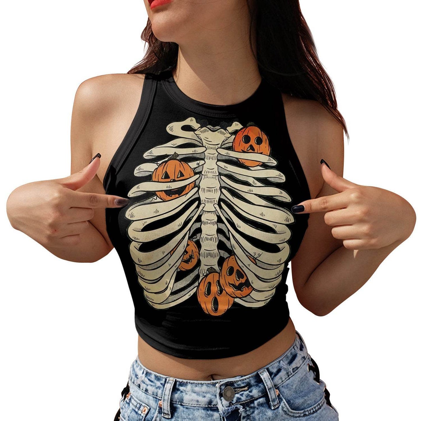 Halloween Printed Skeleton Skull Vest crop Top For Women