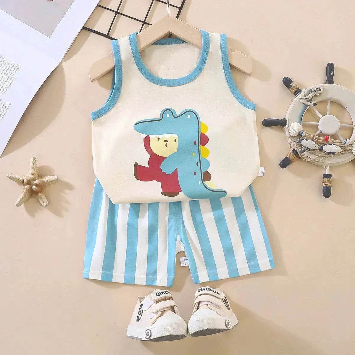 Casual Children's Pure Cotton Cartoon Printed Vest Set Two piece for baby boys - Velora