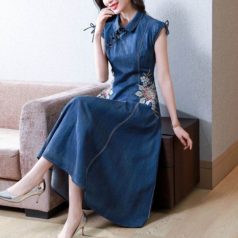 New Modified Version Denim Jeans Flared Midi Dress Female Machine Embroidery Retro - Velora
