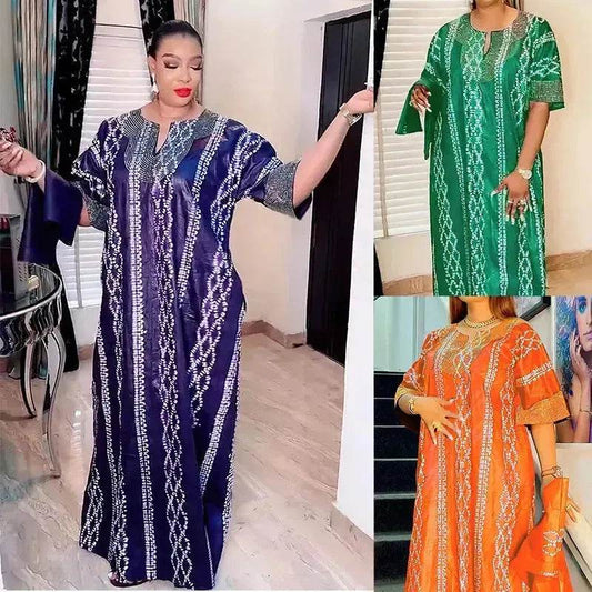 Middle East Striped Loose Robe African Dubai Arabic Satin Hot Drilling Stitching Abaya Buba Dress - Velora
