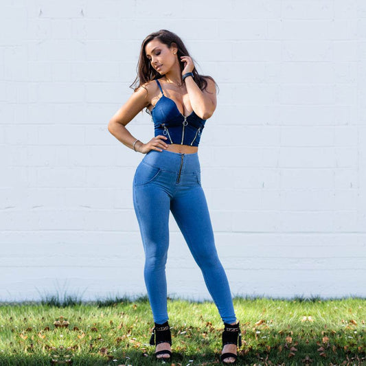 Shascullfites Shaper Set Light Blue Lift Jeggings Sets High Waist Jeans Crop Top Two Piece Sets Womens Outifits - Velora