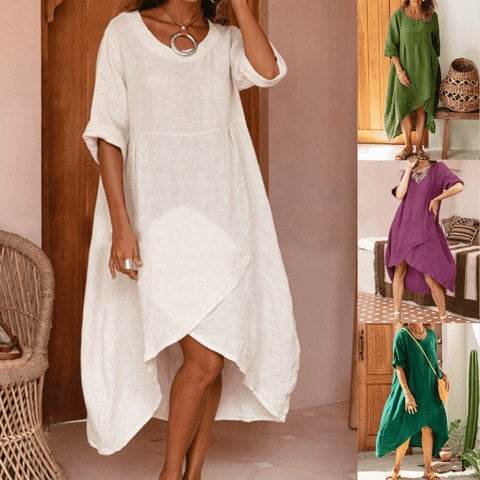 Women Maxi Dress Neck Pocket Summer Loose Casual Baggy Robe Female Retro Long Dresses - Velora