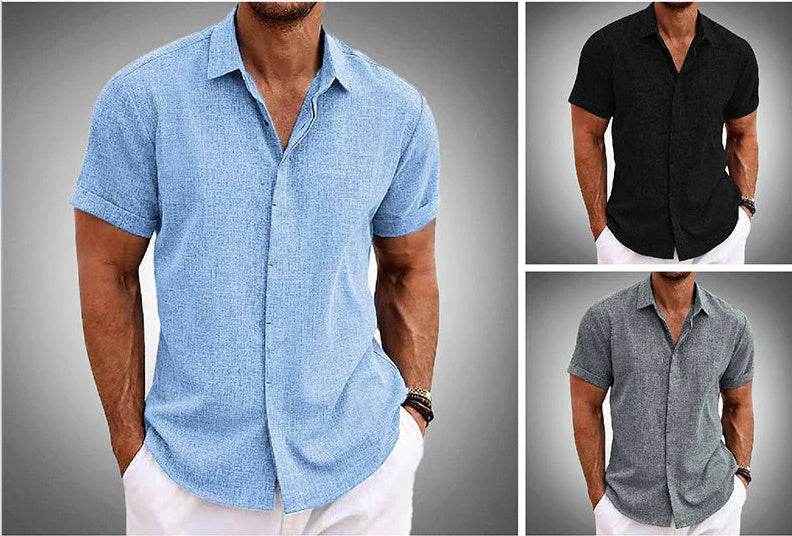 Men's Solid Color Loose Linen Short-sleeved shirt - Velora