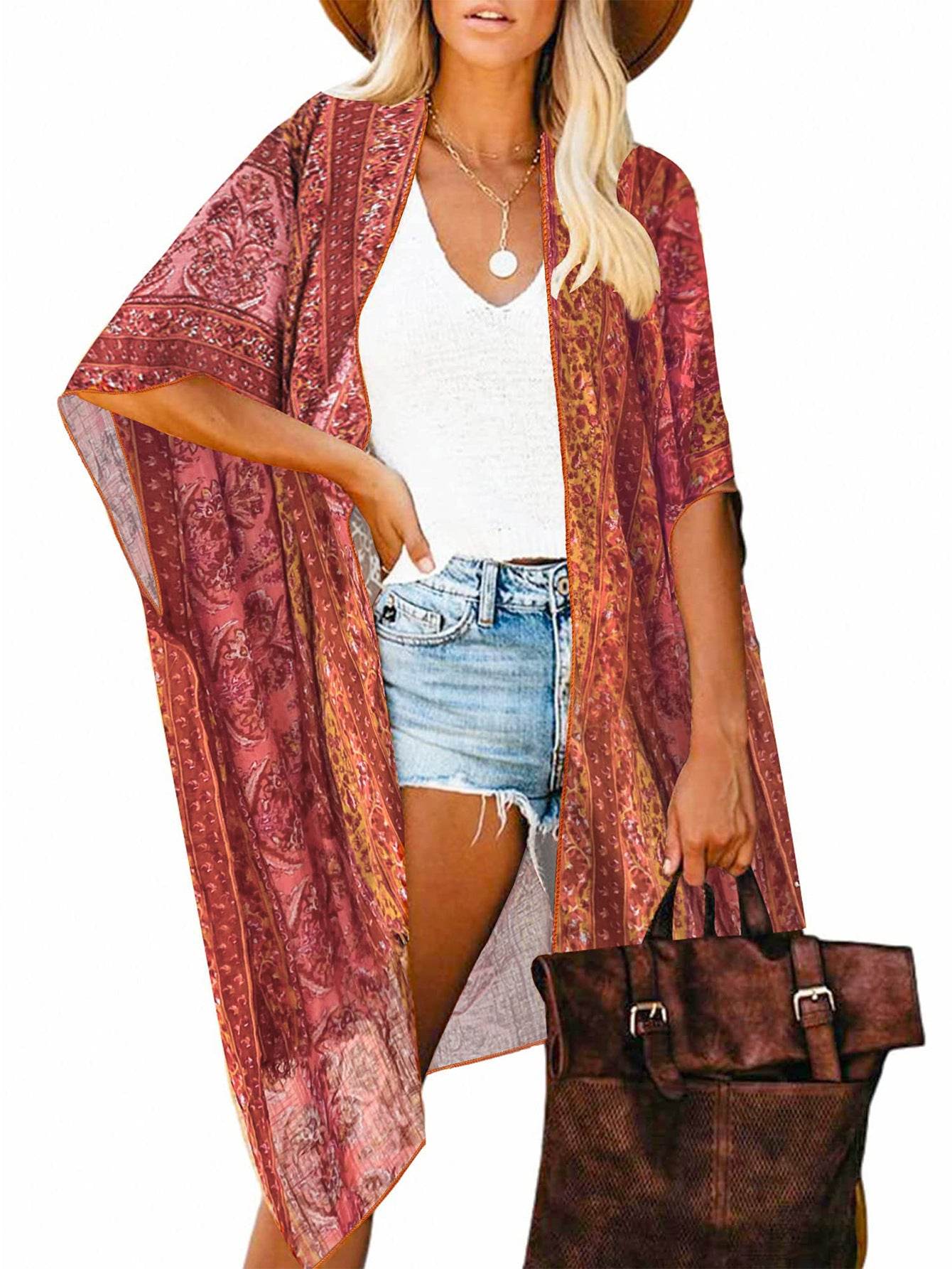 Spring Summer Printed Sun Protection Beach Kimono Cardigan Blouse top Women - Velora