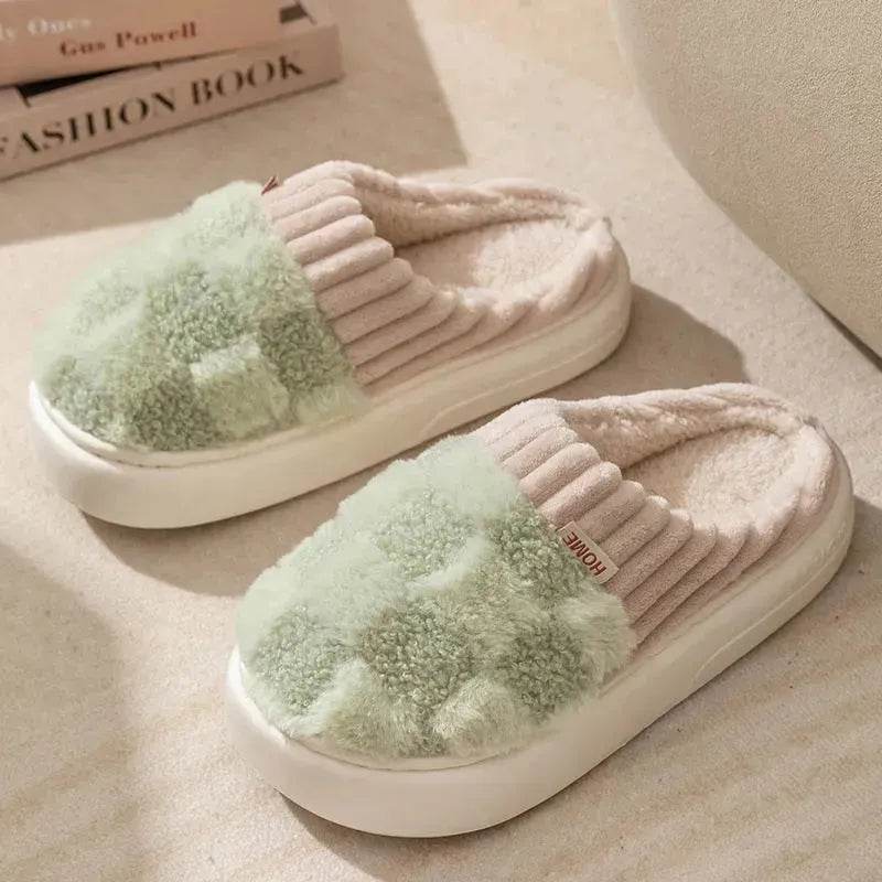 Plaid Plush Slippers Women's Indoor Plush Home Slippers Soft Sole Thick Non-Slip Warm House Shoes Couple Autumn And Winter - Velora