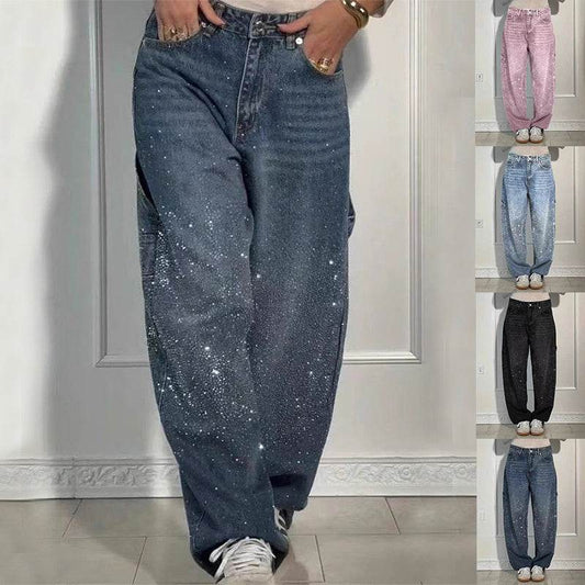 Ins Shiny Straight Jeans With Pockets Fashion Loose Wide-leg Pants For Women Street-style Trousers - Velora