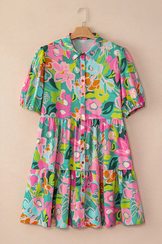 Printed Collared Neck Puff Sleeve Mini Dress - Velora