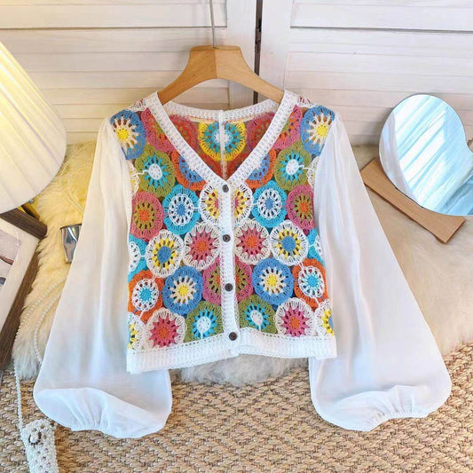 Summer Vacation Style Crocheted Hollow Design Knitted Chiffon Patchwork Long Sleeve Retro Slimming V-neck blouse top For Women - Velora