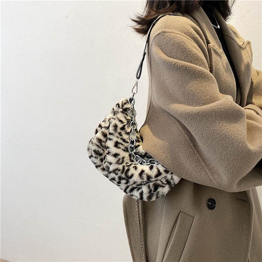 Leopard Pattern Plush Bag Personality Diagonal Women Bag Chain Shoulder Bag