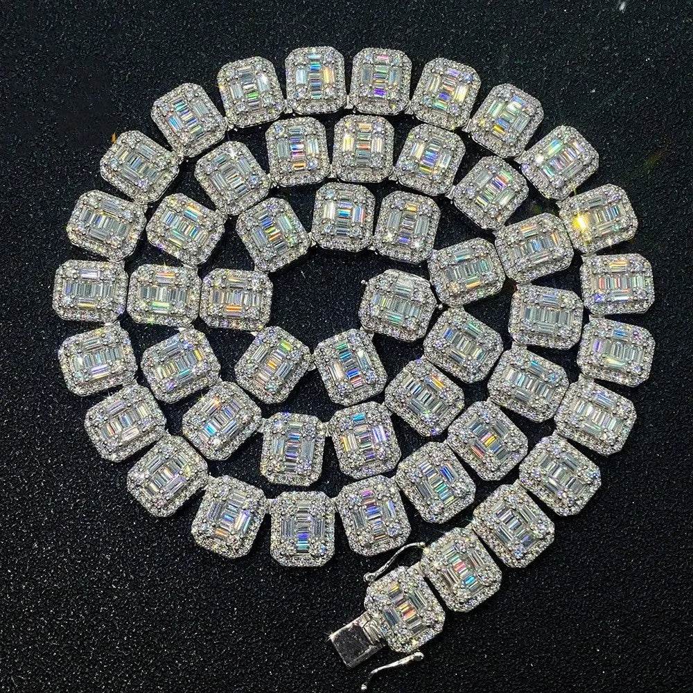 S925 Silver Inlay Rectangular Moissanite Diamond Cuban Link Chain