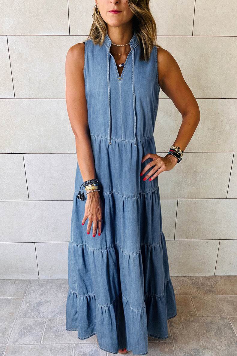 Women's Sleeveless Denim Fashion Retro High Waist Layered Dress - Velora