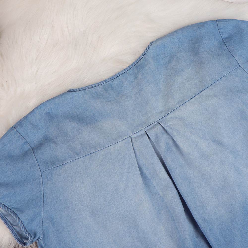 Round Neck Pleated Loose Solid Color Casual Plus Size Denim Dress - Velora