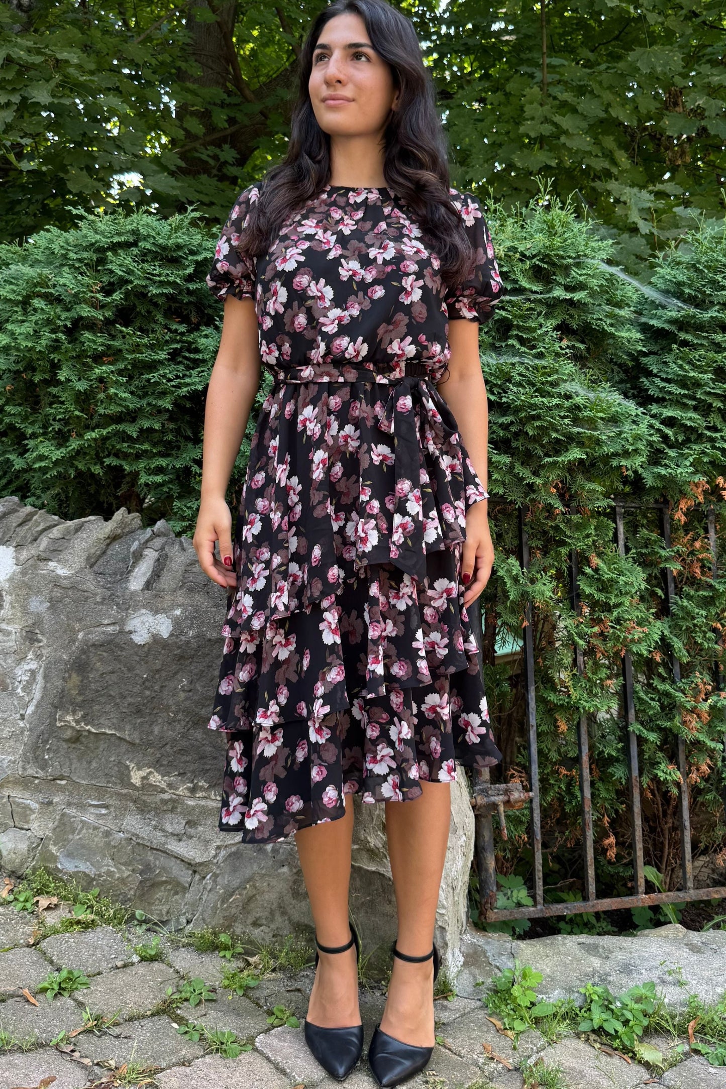 Catalina Black Floral Dress with Layered Hemline - Velora Luxury Fashion