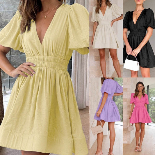 European And American Elegant Dress Sweet Waist Trimming Dress V-Neck Lantern Sleeve Dress Women's Summer Sun Dresses Evening Dress - Velora