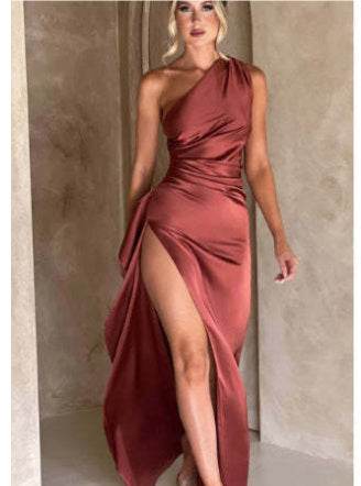 Sexy One-shoulder Backless Slit Dress Summer Elegant Slim-fit Solid Color Satin Dresses For Women - Velora