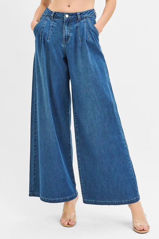 RISEN Mid Rise Fit Wide Leg Knit Denim Look Jeans - Velora