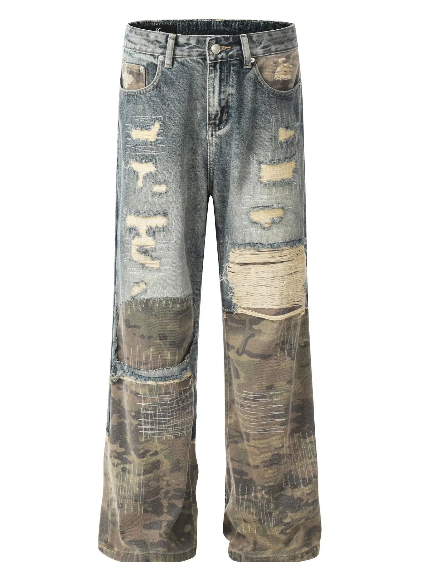 Men's Distressed Camouflage Patchwork Jeans - Velora