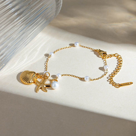 Fashion Jewelry 18K Gold Stainless Steel Pearl Chain Summer Holiday Shell Starfish Pendant Bracelet - Velora