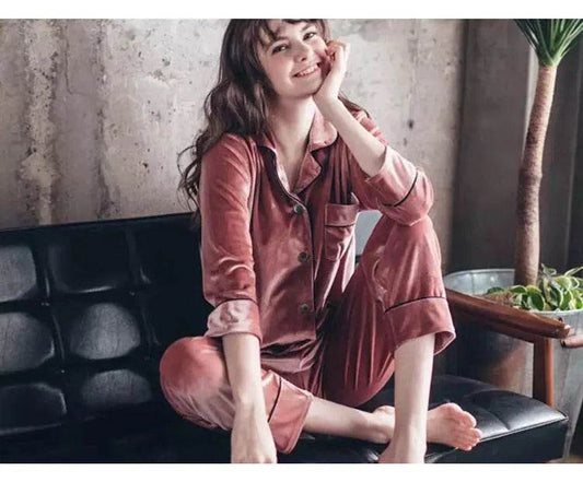 2pcs Couple Gold Velvet Long Sleeve Pajamas set - Velora