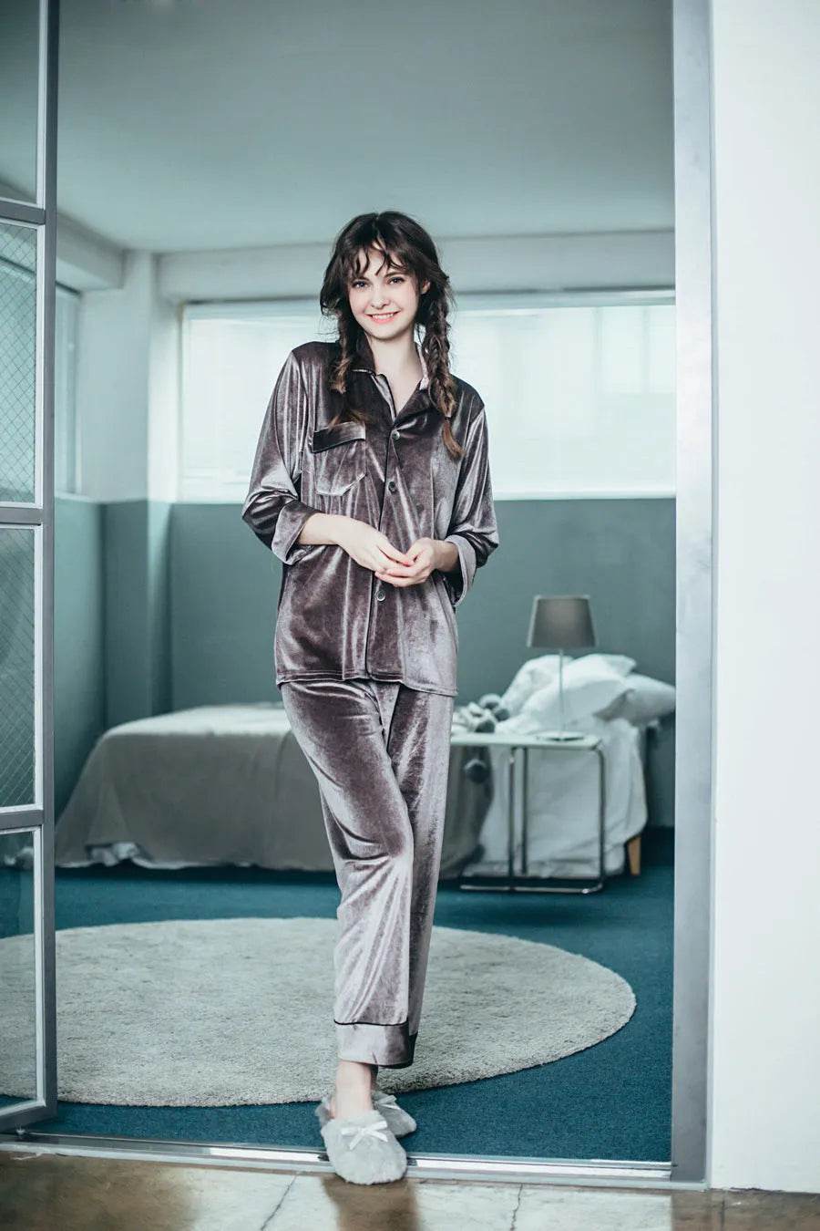 2pcs Couple Gold Velvet Long Sleeve Pajamas set - Velora