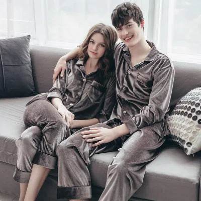 2pcs Couple Gold Velvet Long Sleeve Pajamas set - Velora