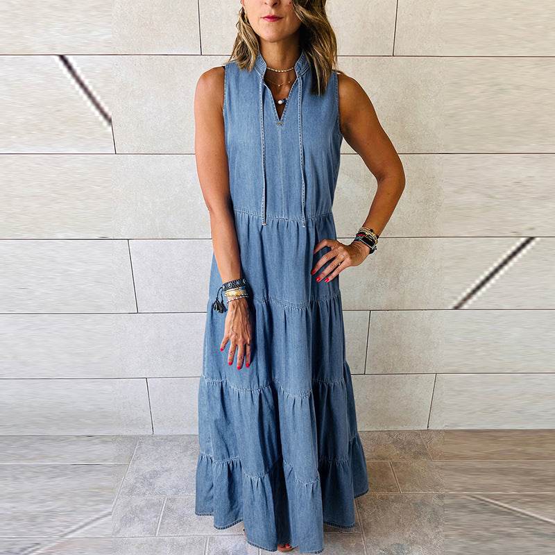 Women's Sleeveless Denim Fashion Retro High Waist Layered Dress - Velora