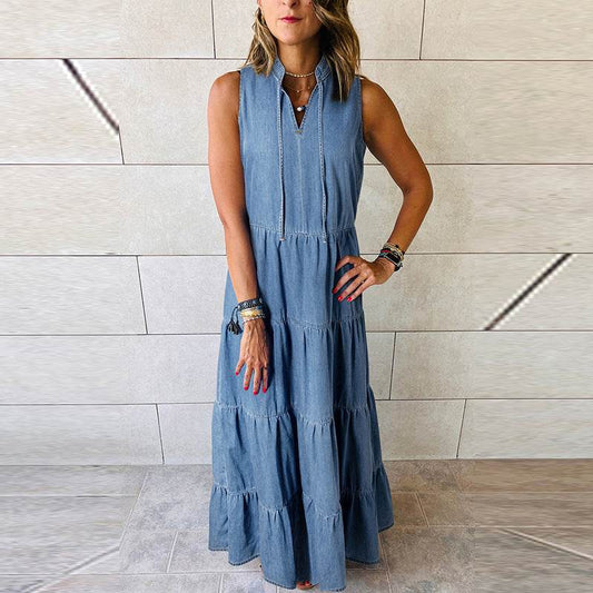Women's Sleeveless Denim Fashion Retro High Waist Layered Dress - Velora