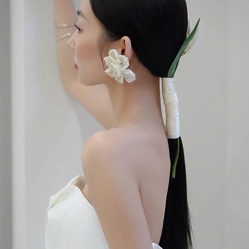 Bridal Beautiful Flowers Handmade Beaded Pearl Earrings - Velora