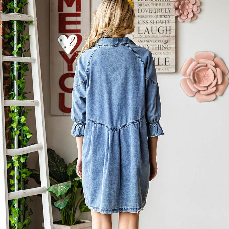 Three-quarter Sleeve Denim Dress Women's Casual Ruffles - Velora