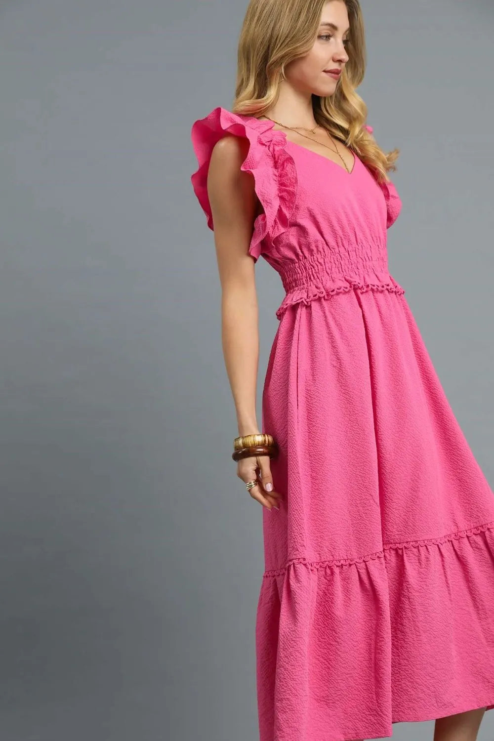 Umgee V-Neck Ruffled Cap Sleeve Midi Dress - Velora