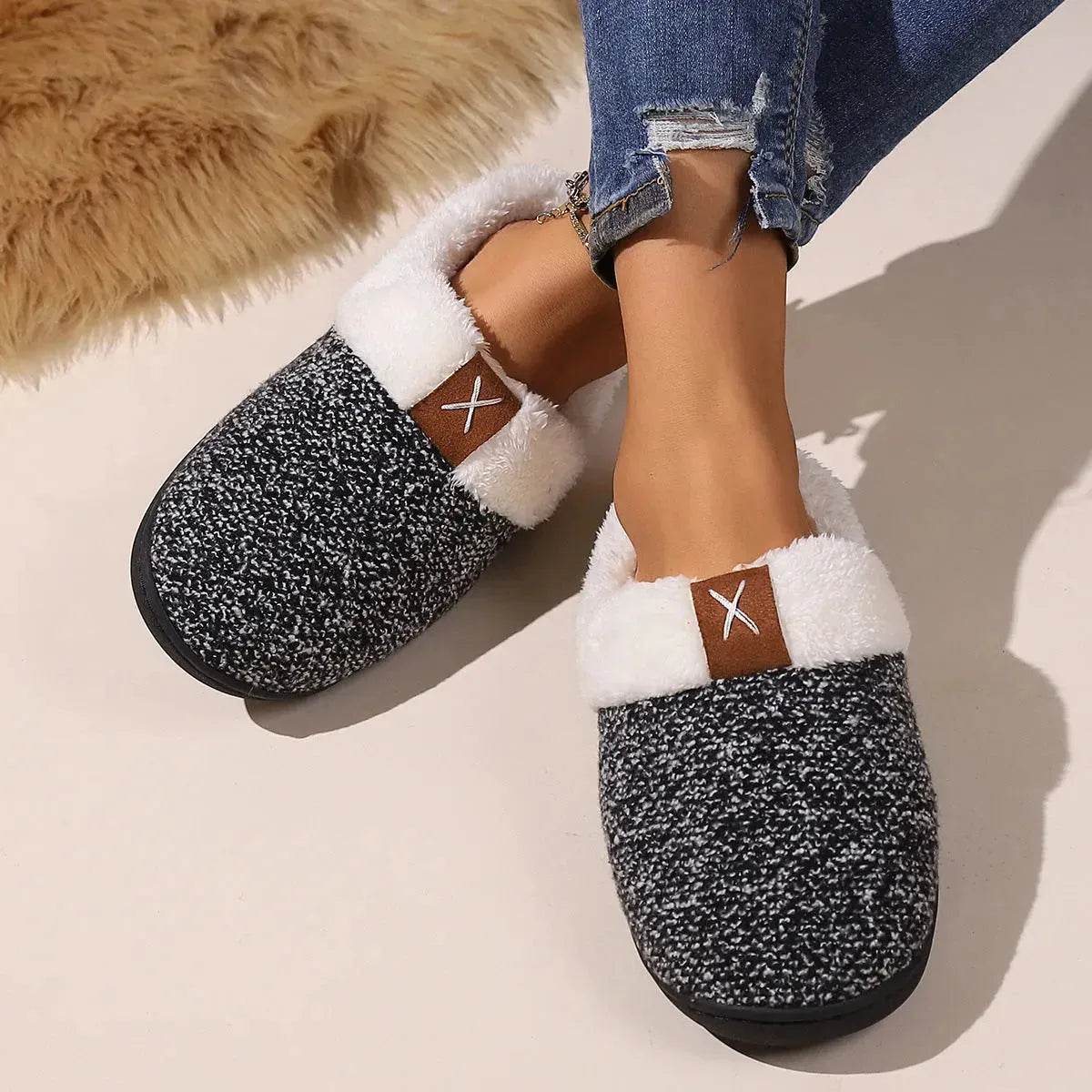 Winter Plush Slippers Fashion Thick Bottom Warm House Shoes For Women Men Indoor Bedroom Floor Slipper - Velora